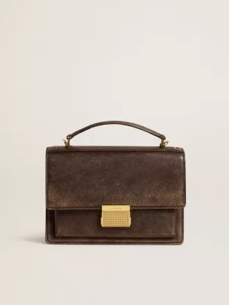 Borsa Venezia in pelle goffrata marrone scuro vintage con dettagli dorati