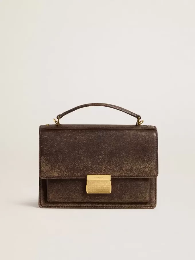 Borsa Venezia in pelle goffrata marrone scuro vintage con dettagli dorati