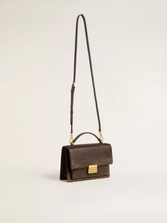 Borsa Venezia in pelle goffrata marrone scuro vintage con dettagli dorati