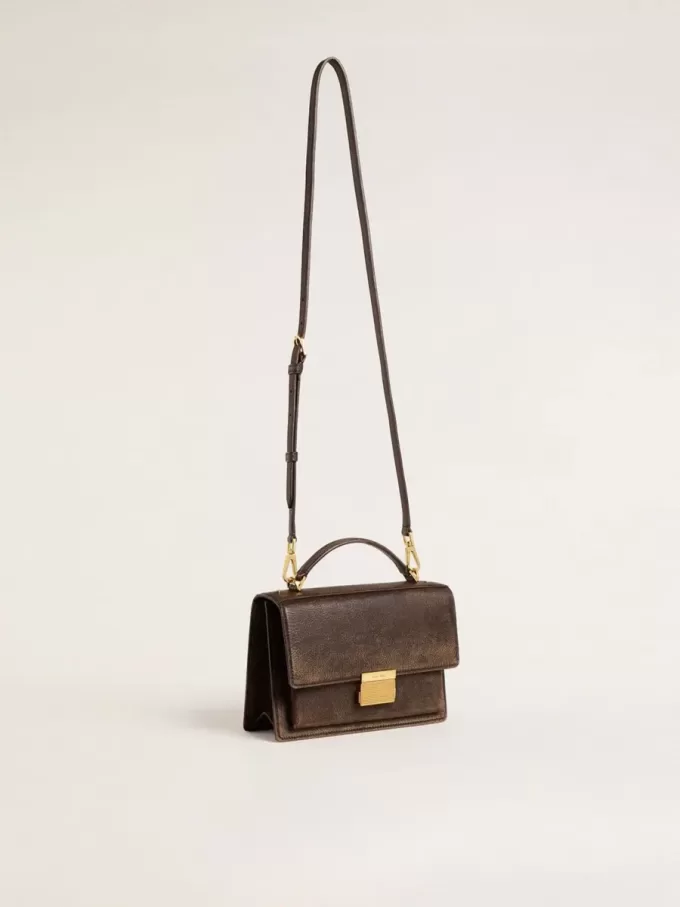 Borsa Venezia in pelle goffrata marrone scuro vintage con dettagli dorati
