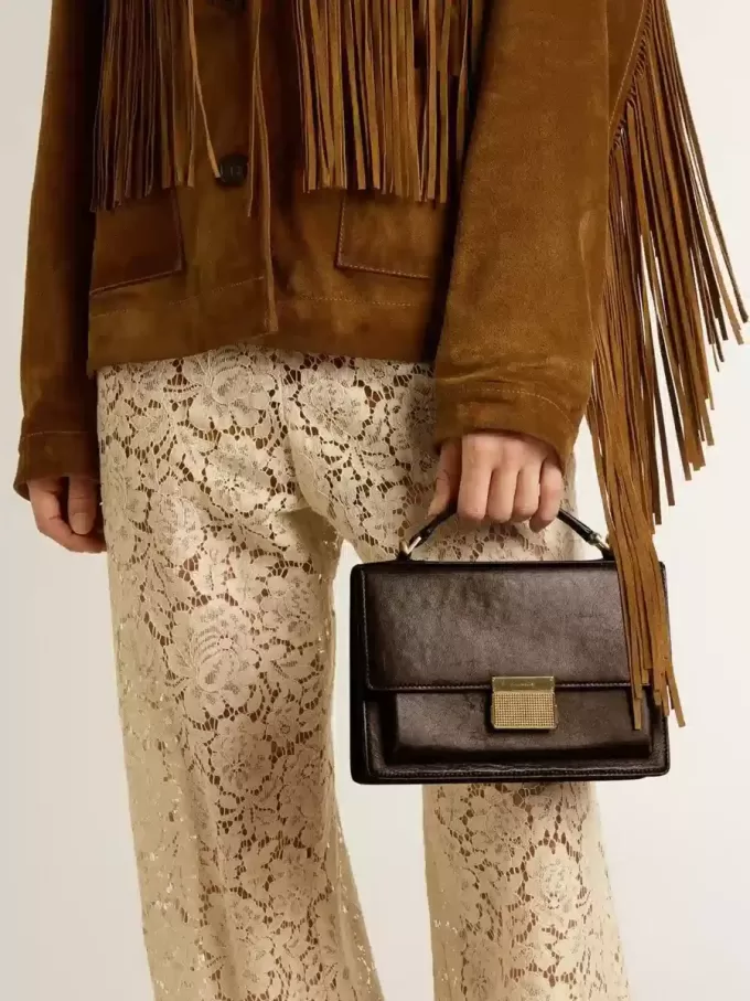 Borsa Venezia in pelle goffrata marrone scuro vintage con dettagli dorati