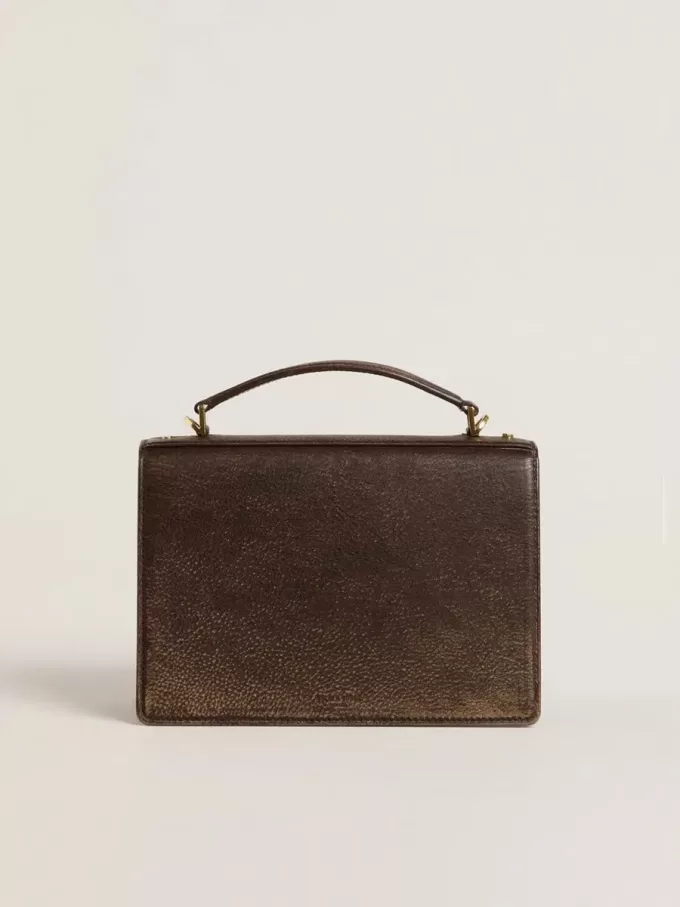 Borsa Venezia in pelle goffrata marrone scuro vintage con dettagli dorati