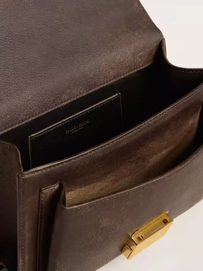 Borsa Venezia in pelle goffrata marrone scuro vintage con dettagli dorati