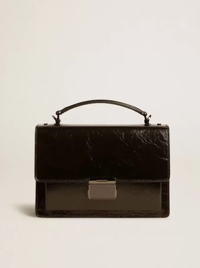 Borsa Venezia in pelle metallizzata nera con dettagli neri