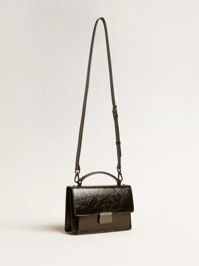Borsa Venezia in pelle metallizzata nera con dettagli neri