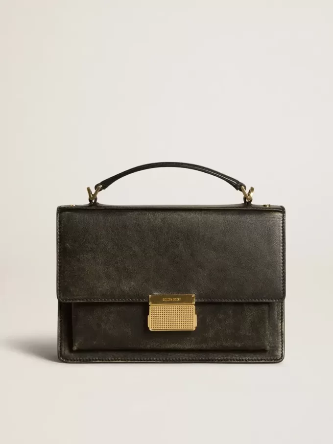 Borsa Venezia in pelle nera invecchiata con dettagli dorati