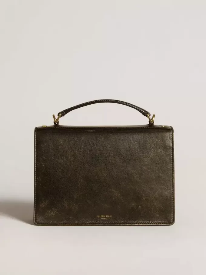 Borsa Venezia in pelle nera invecchiata con dettagli dorati