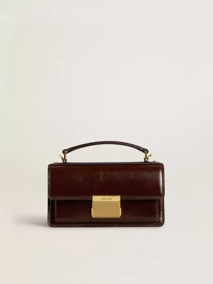 Borsa Venezia piccola in pelle laminata marrone scuro con dettagli dorati