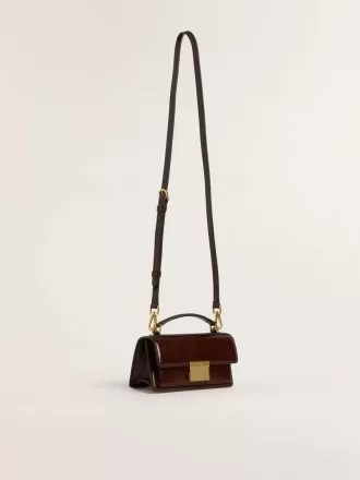 Borsa Venezia piccola in pelle laminata marrone scuro con dettagli dorati