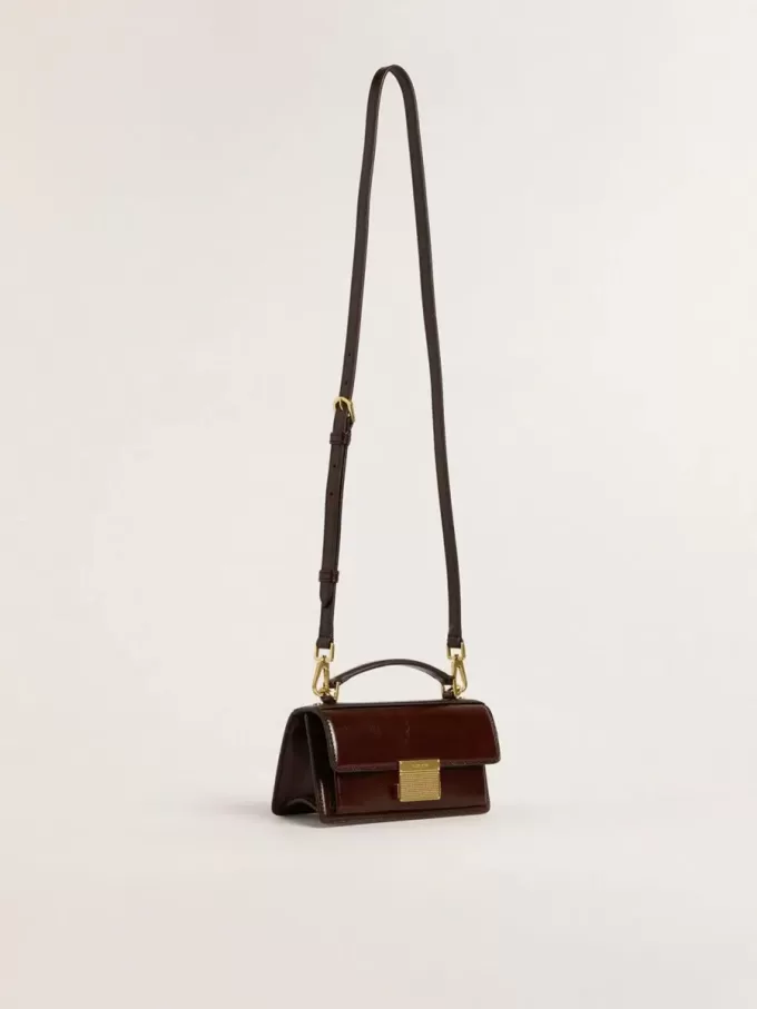 Borsa Venezia piccola in pelle laminata marrone scuro con dettagli dorati