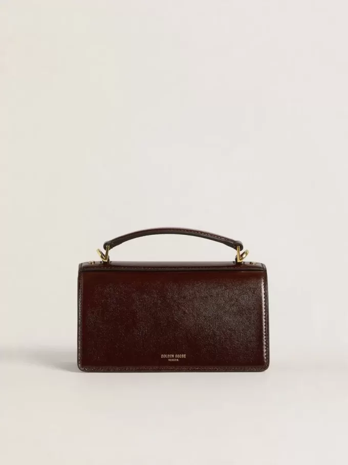Borsa Venezia piccola in pelle laminata marrone scuro con dettagli dorati