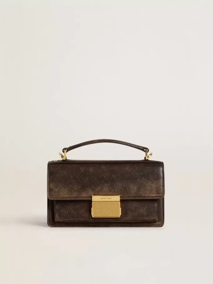 Borsa Venezia piccola in pelle marrone scuro con fibbia dorata