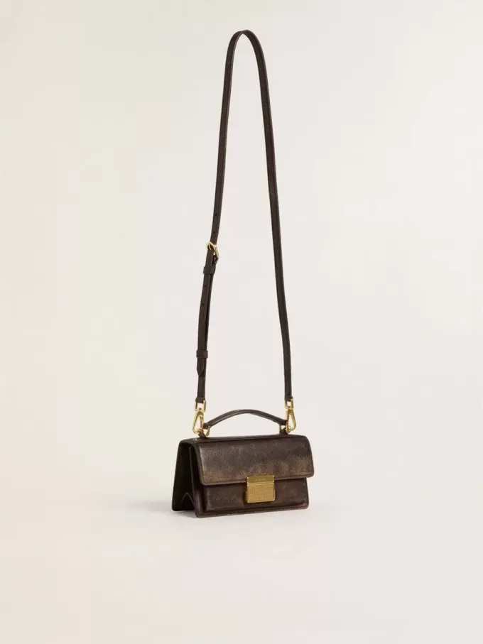 Borsa Venezia piccola in pelle marrone scuro con fibbia dorata