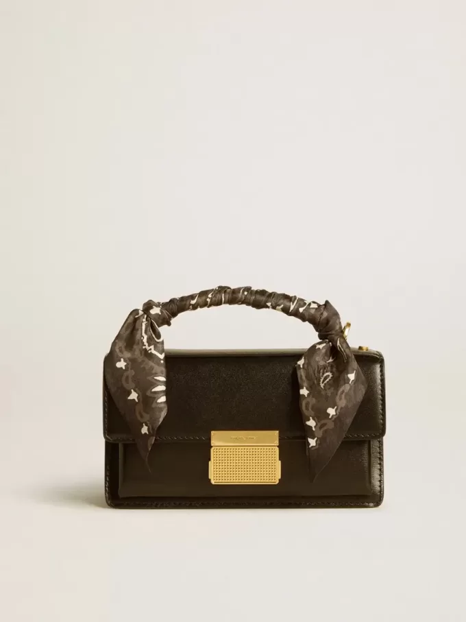 Borsa Venezia piccola in pelle nera bordata con foulard in seta