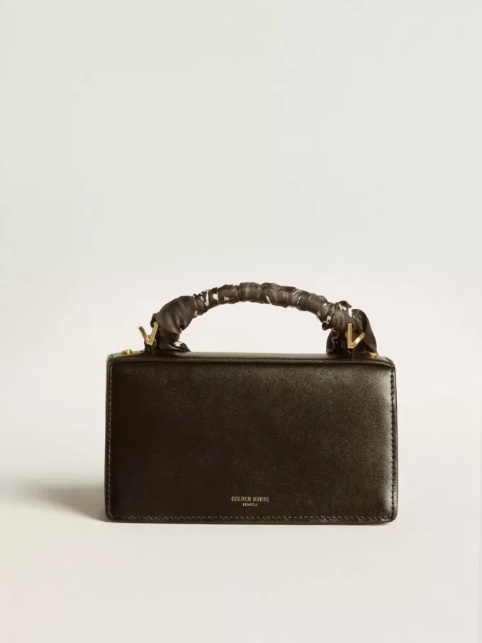 Borsa Venezia piccola in pelle nera bordata con foulard in seta