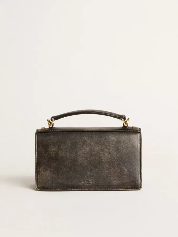 Borsa Venezia piccola in pelle nera invecchiata con dettagli dorati