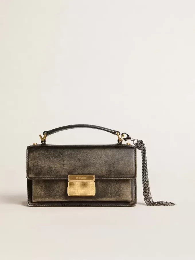 Borsa Venezia piccola in pelle nera invecchiata con dettagli dorati