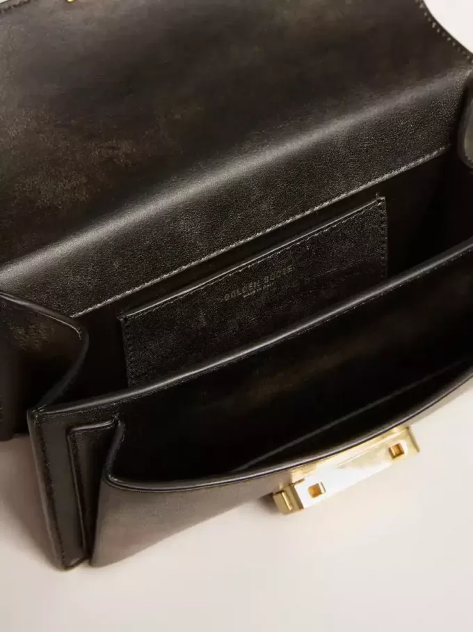 Borsa Venezia piccola in pelle nera invecchiata con dettagli dorati