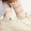 Calzini bianchi con finitura effetto consumato, logo rosa confetto e strisce Calzini bianchi con finitura effetto consumato, logo rosa confetto e strisce