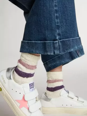 Calzini bianchi per bambini con strisce rosa e viola