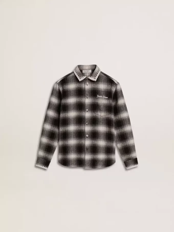 Camicia a quadri bianchi e neri con ricami bianchi per bambini