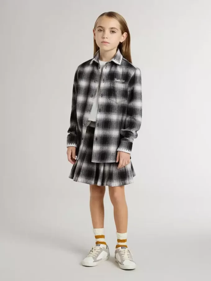 Camicia a quadri bianchi e neri con ricami bianchi per bambini