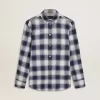 Camicia a quadri blu e bianca da bambino con stampa sul retro