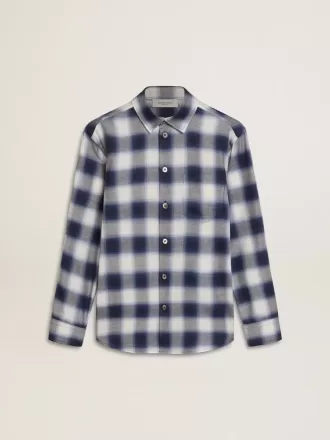 Camicia a quadri blu e bianca da bambino con stampa sul retro