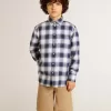 Camicia a quadri blu e bianca da bambino con stampa sul retro