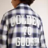 Camicia a quadri blu e bianca da bambino con stampa sul retro