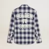 Camicia a quadri blu e bianca da bambino con stampa sul retro