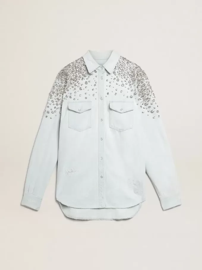 Camicia boyfriend da donna sbiancata con cristalli cabochon Camicia boyfriend da donna sbiancata con cristalli cabochon