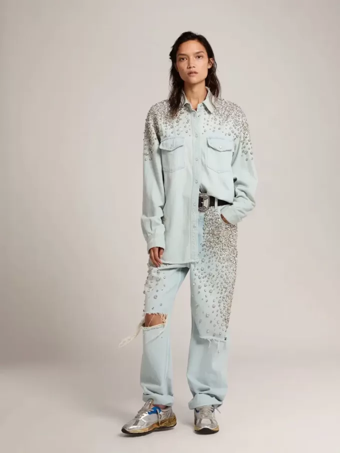 Camicia boyfriend da donna sbiancata con cristalli cabochon Camicia boyfriend da donna sbiancata con cristalli cabochon