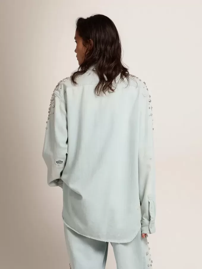 Camicia boyfriend da donna sbiancata con cristalli cabochon Camicia boyfriend da donna sbiancata con cristalli cabochon