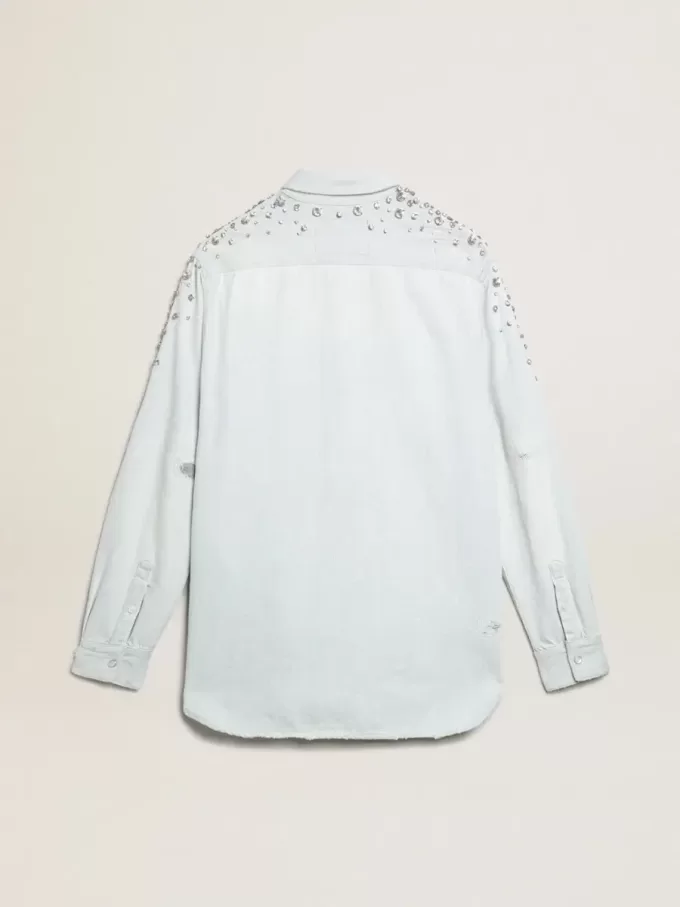 Camicia boyfriend da donna sbiancata con cristalli cabochon Camicia boyfriend da donna sbiancata con cristalli cabochon
