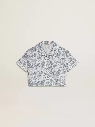 Camicia corta bianca da bambina con stampa blu