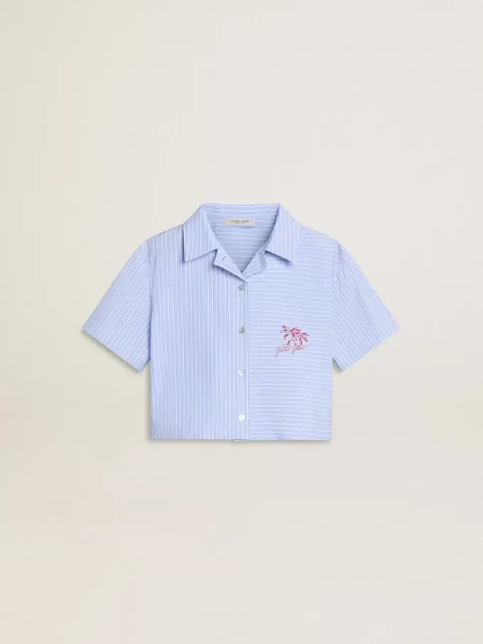 Camicia corta da bambina in cotone a righe azzurro