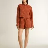 Camicia corta da donna in jacquard rosso mattone con maniche larghe