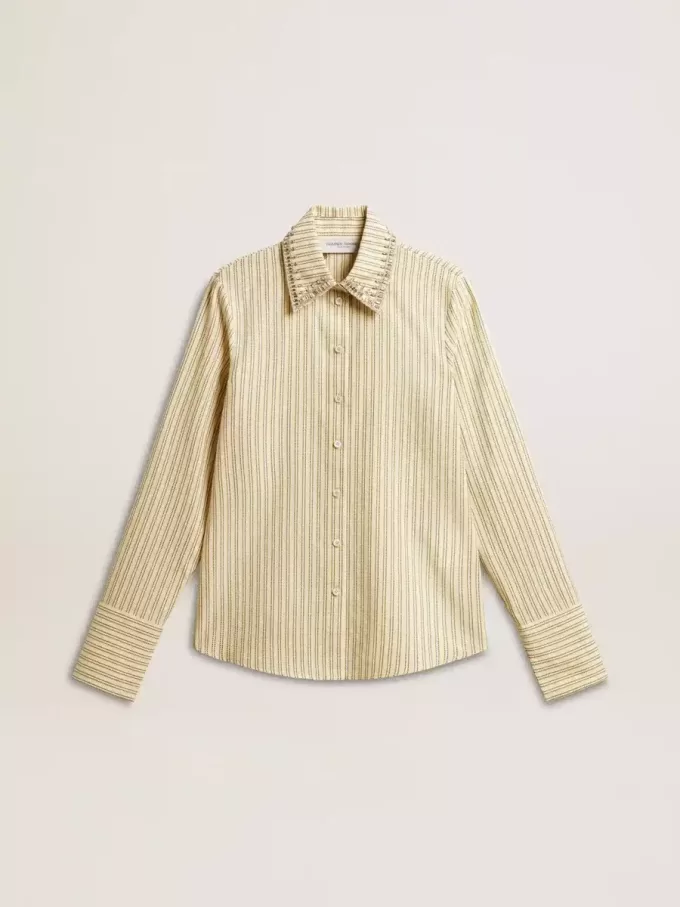 Camicia écru a righe con cristalli ricamati
