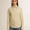 Camicia écru a righe con cristalli ricamati