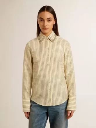 Camicia écru a righe con cristalli ricamati