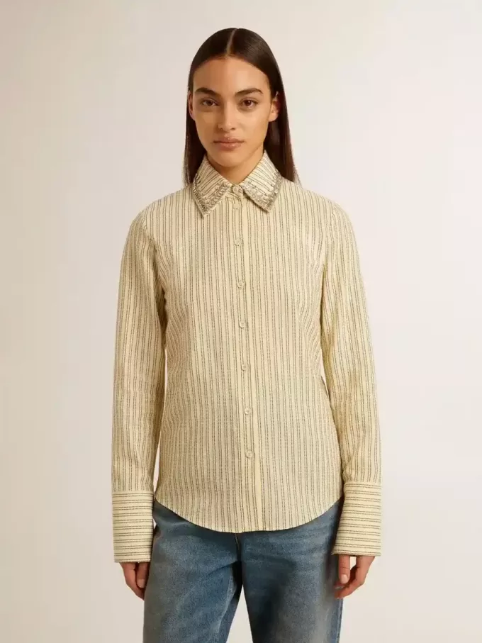 Camicia écru a righe con cristalli ricamati