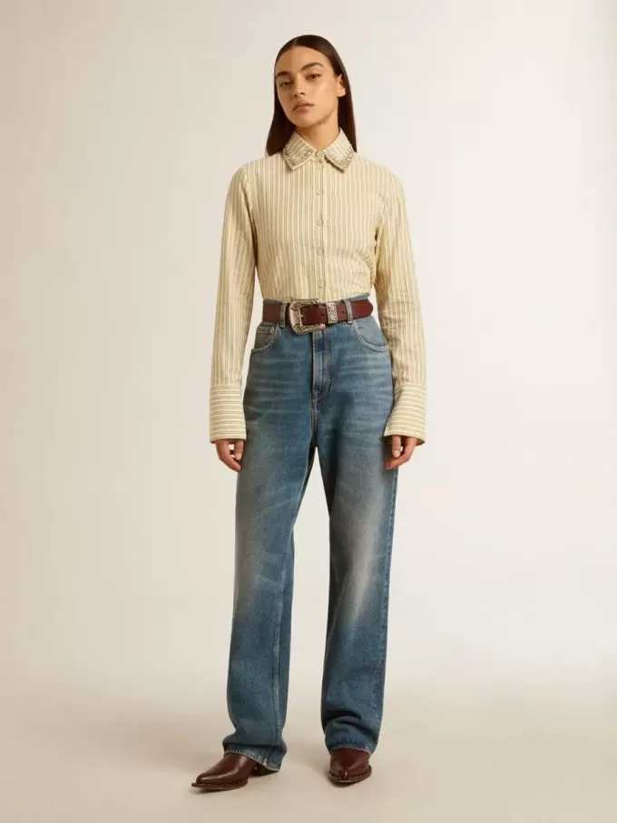 Camicia écru a righe con cristalli ricamati