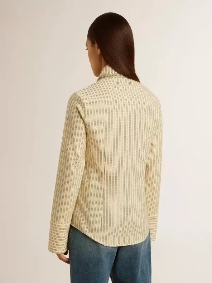 Camicia écru a righe con cristalli ricamati