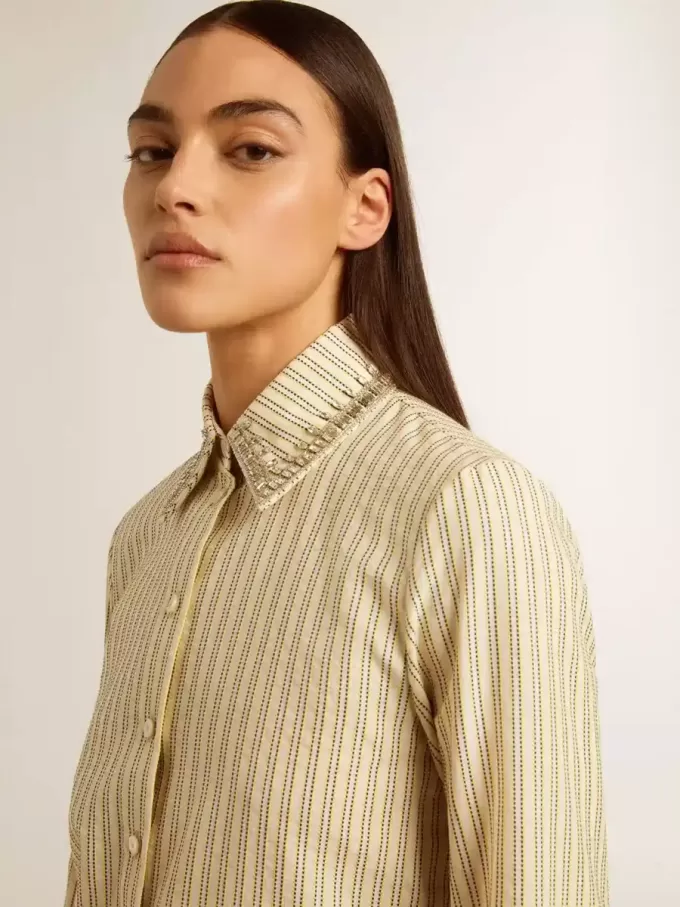 Camicia écru a righe con cristalli ricamati