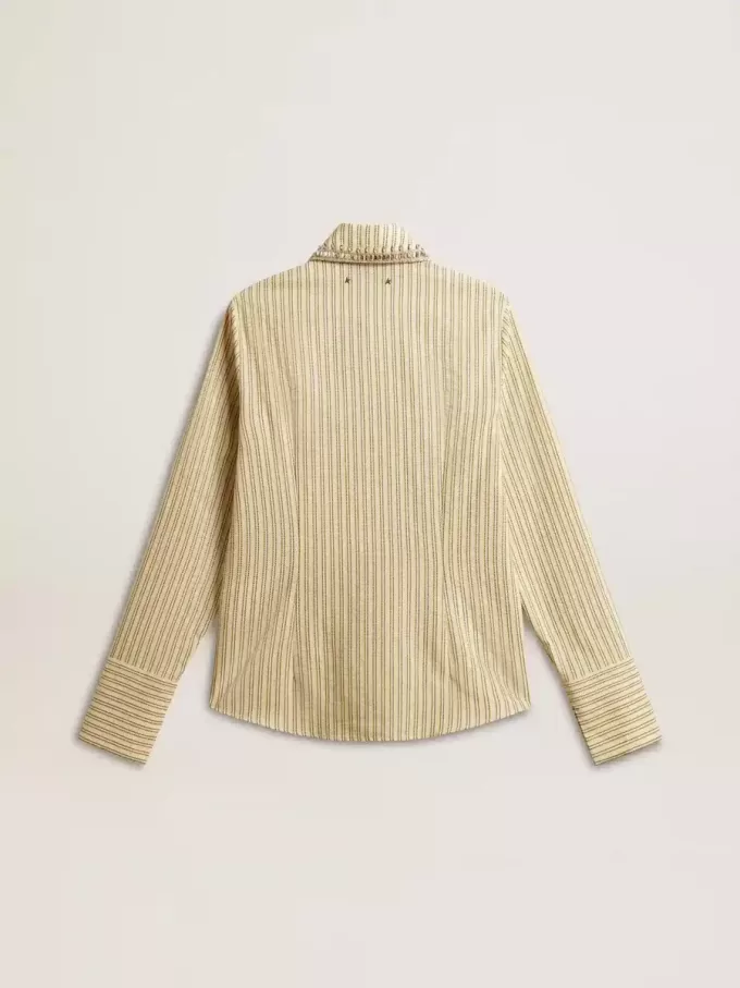 Camicia écru a righe con cristalli ricamati