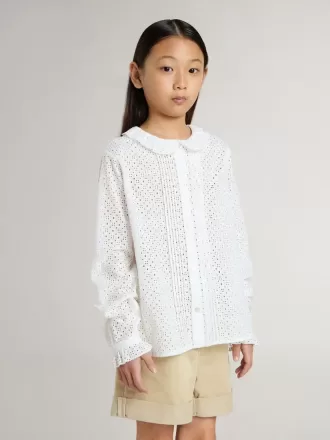 Camicia da bambina in cotone bianco con ricami inglesi