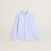 Camicia da bambino in cotone a righe azzurro e bianco con logo ricamato Camicia da bambino in cotone a righe azzurro e bianco con logo ricamato