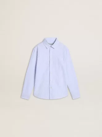 Camicia da bambino in cotone a righe azzurro e bianco con logo ricamato