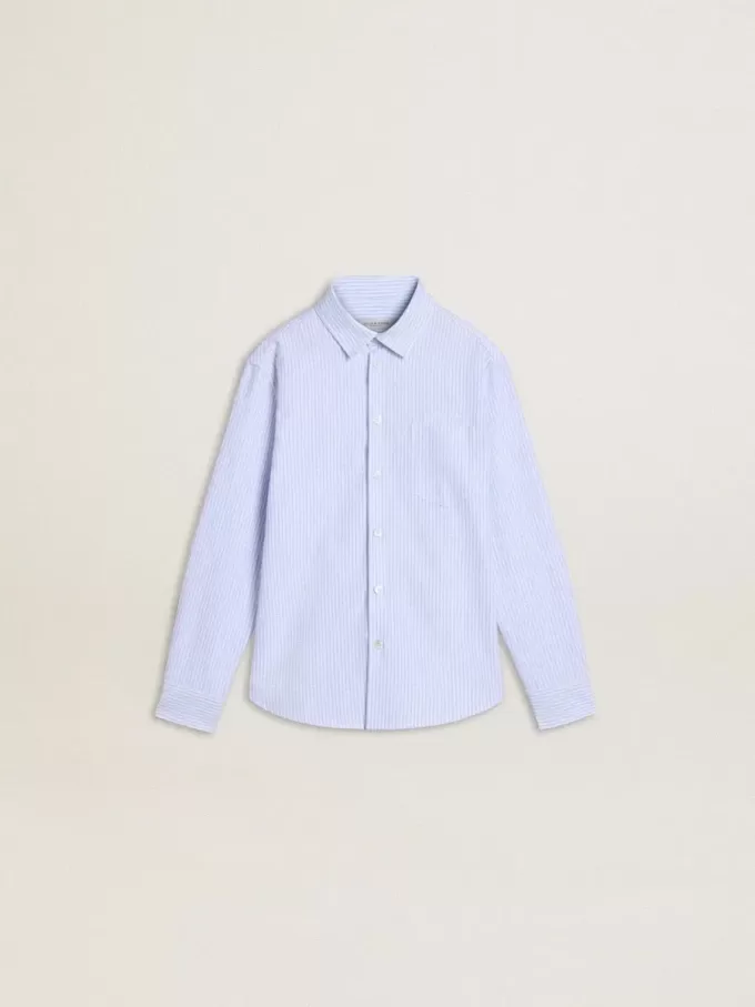 Camicia da bambino in cotone a righe azzurro e bianco con logo ricamato Camicia da bambino in cotone a righe azzurro e bianco con logo ricamato